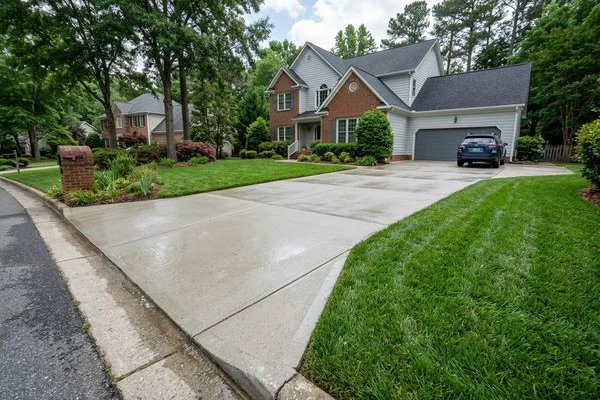Freshly cleaned concrete driveway with surface cleaner in Raleigh NC