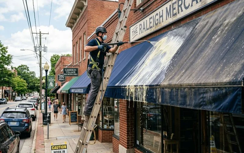 Awning soft wash on retail storefront