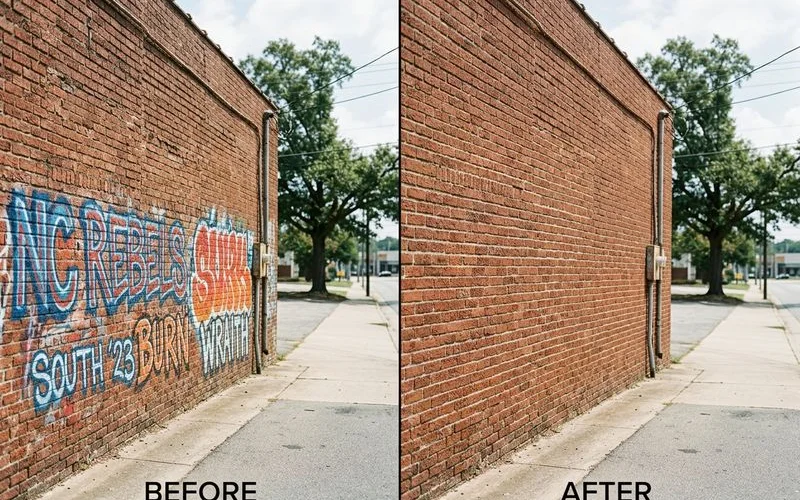 Before/after graffiti removal on brick