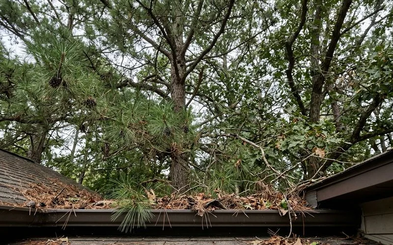 Pine canopy driving gutter cleaning frequency