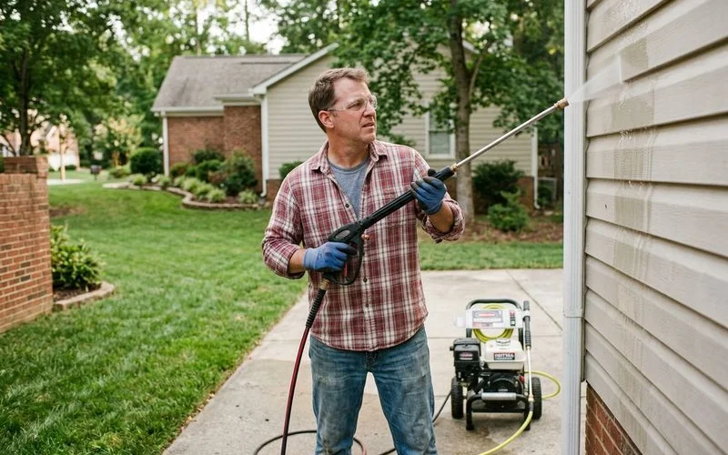 Homeowner with rental pressure washer on siding