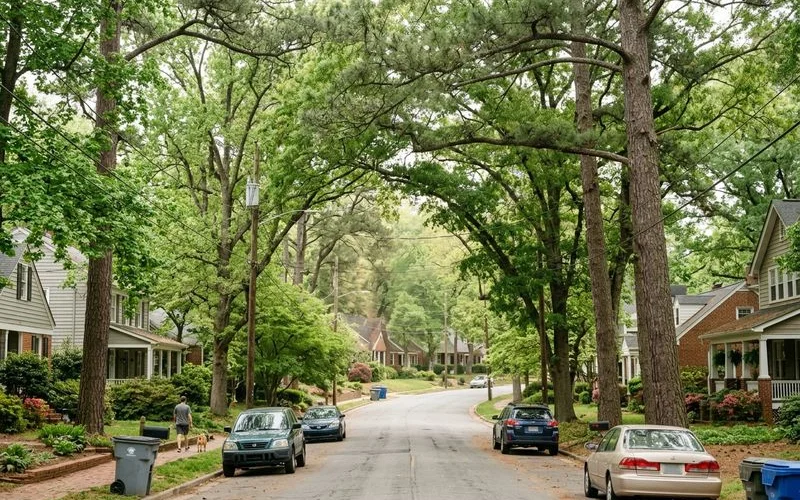 Raleigh suburban neighborhood under pine canopy