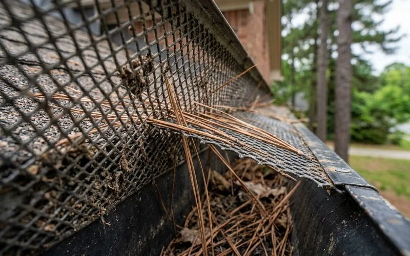 Pine needles slipping through mesh guard