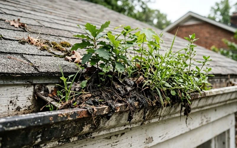 Plants growing from clogged gutter