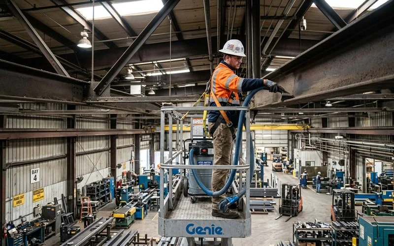 Scissor lift accessing structural steel