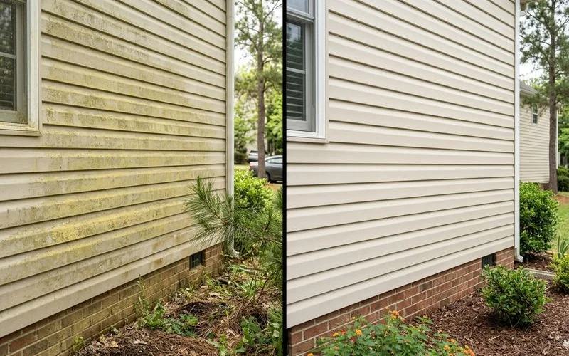 Before and after pine pollen wash on Raleigh vinyl siding