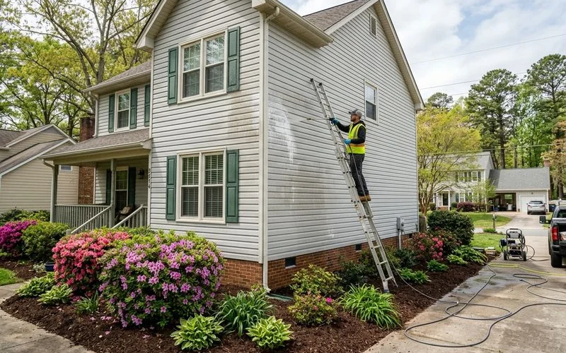 Soft wash in progress on Raleigh home