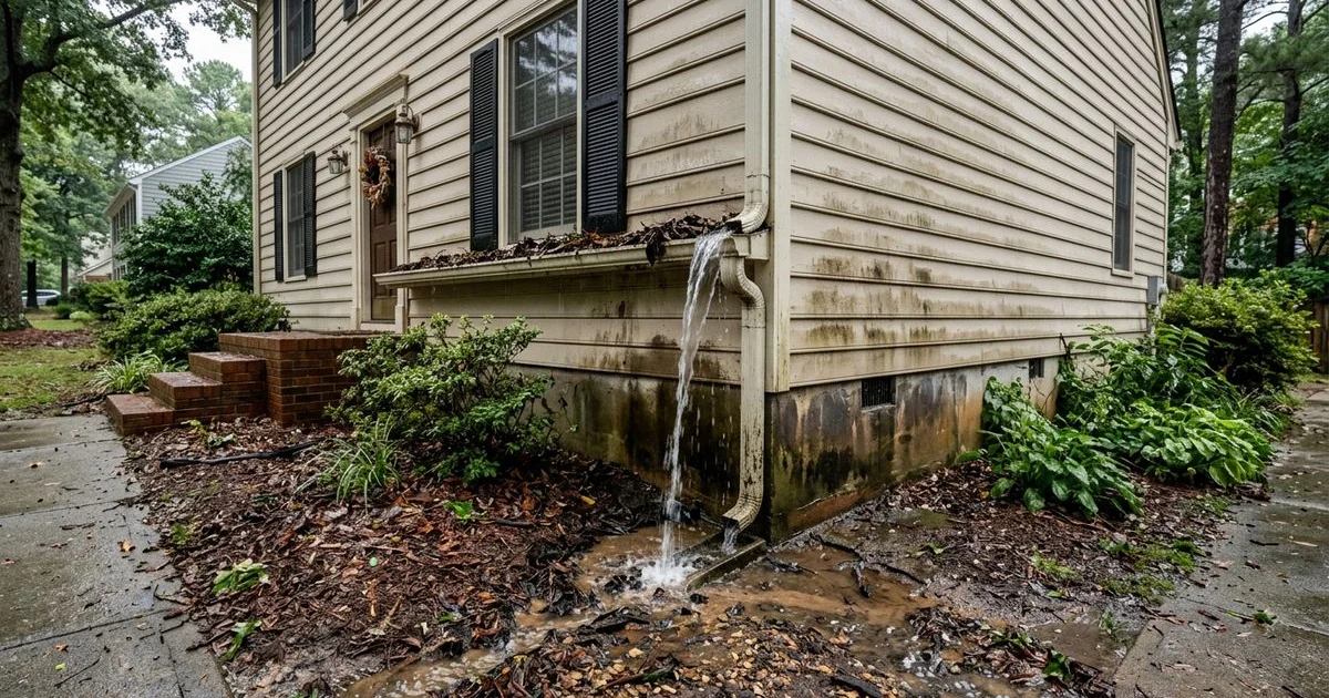 Foundation pooling from clogged gutter overflow