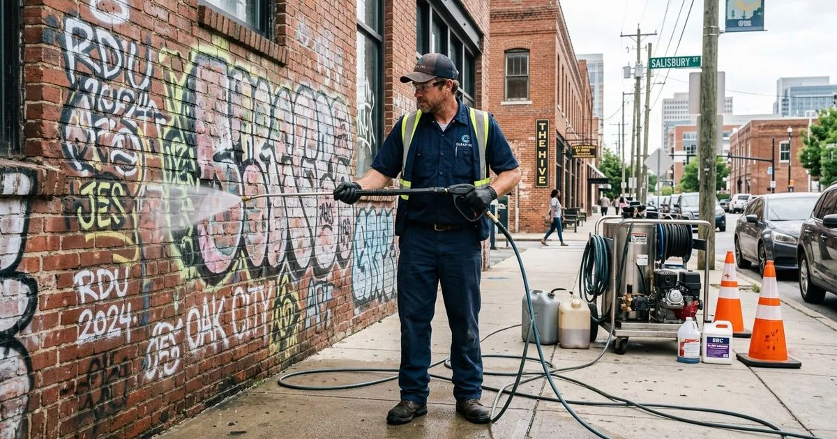 Graffiti removal from brick downtown Raleigh