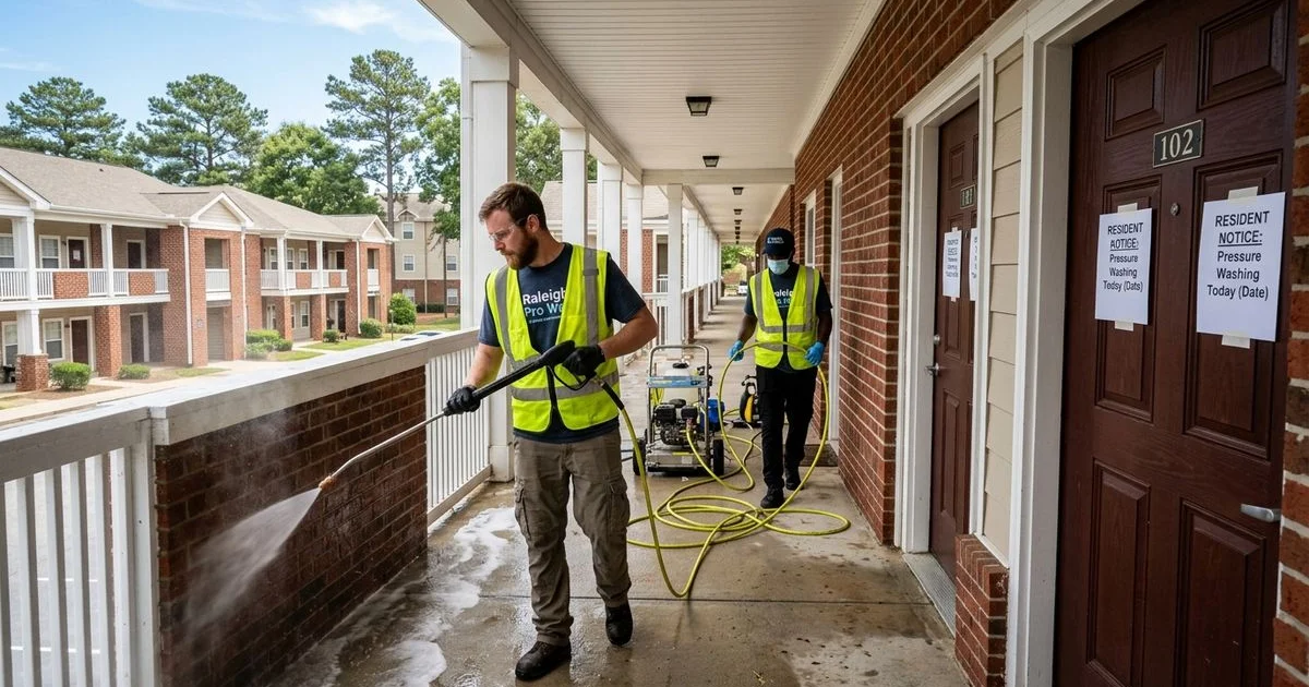 HOA breezeway pressure washing with resident notices