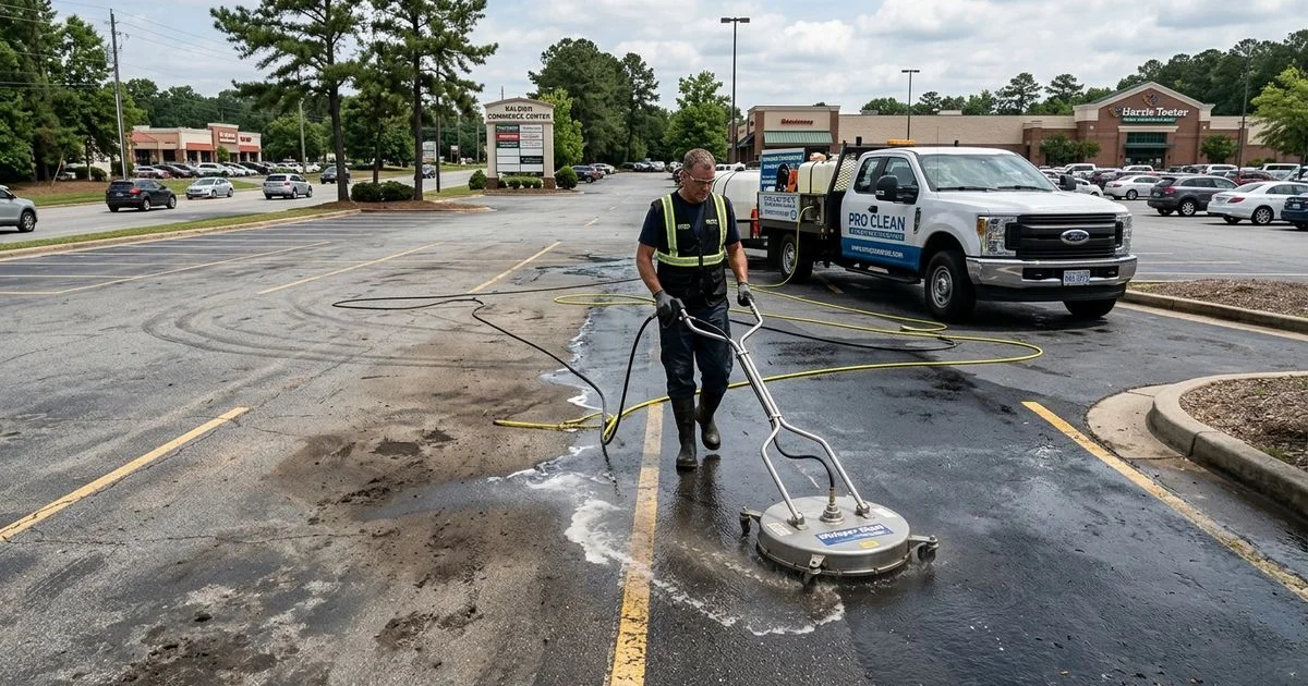 Commercial parking lot pressure washing in progress