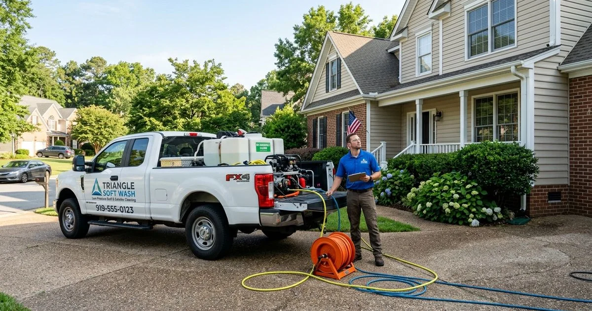 Soft wash crew arriving at Raleigh home
