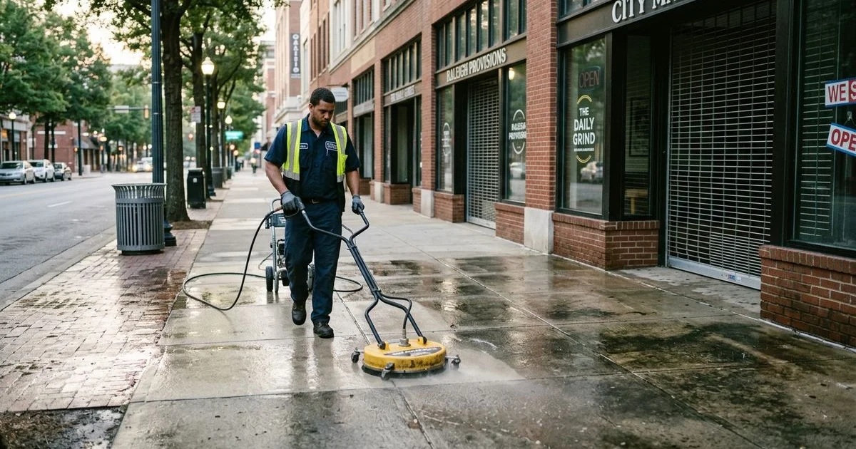 Storefront sidewalk cleaning before open hours