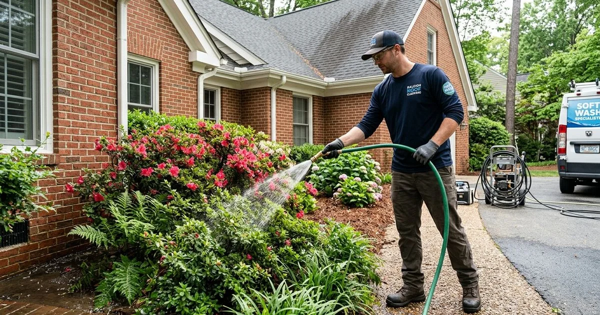 Pre-saturating foundation plantings before roof soft wash