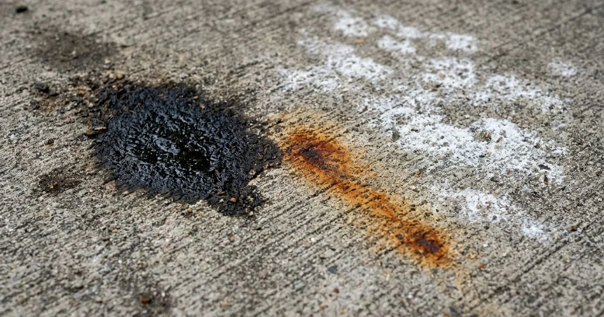 Three concrete stain types — oil, rust, efflorescence