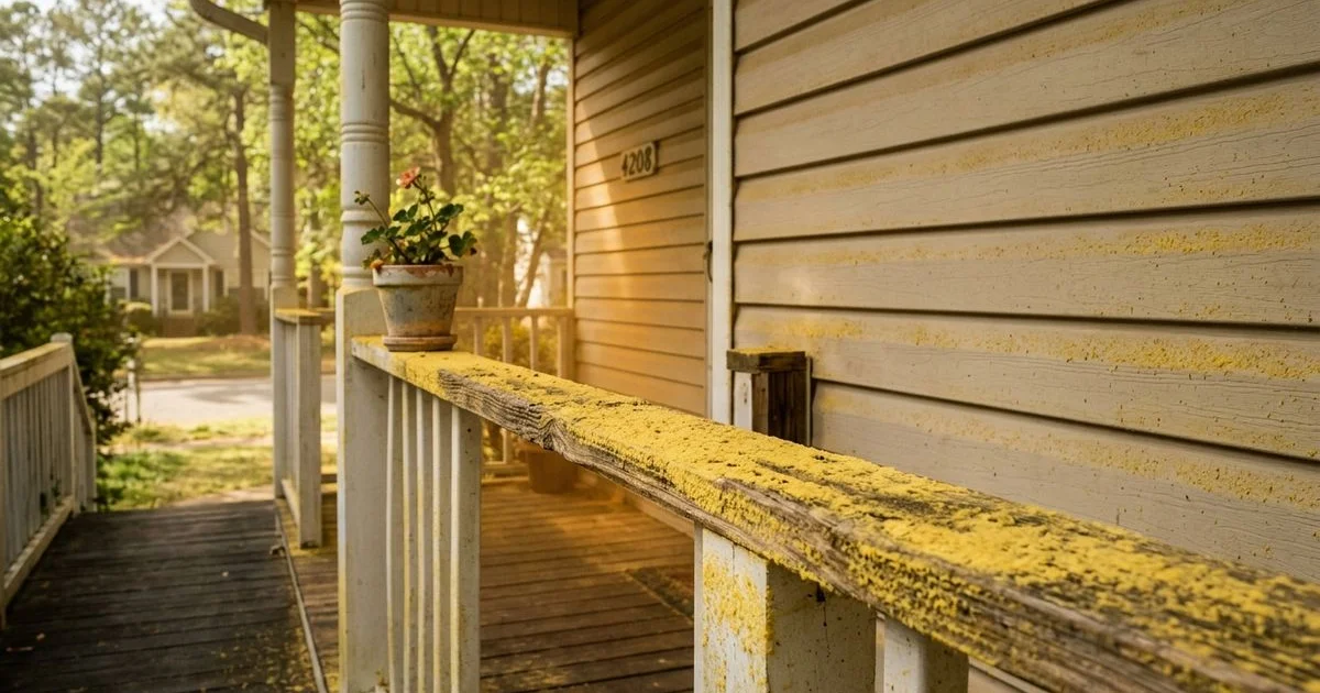 Yellow pine pollen blanketing a Raleigh porch in late spring